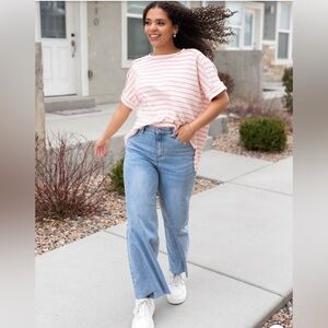 Zenana Pink and White Textured Striped Top